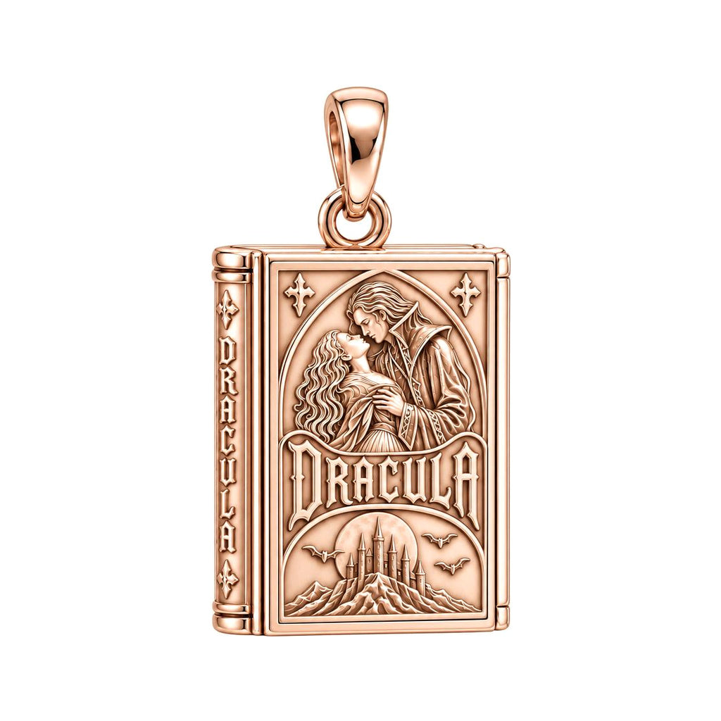 Gothic Dracula Tome Charm and Polyester Cord Bracelet Set – rose gold 3 cm charm, front view