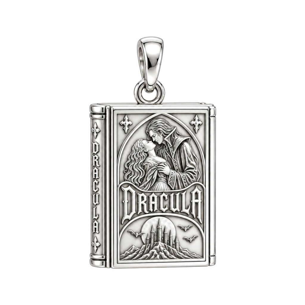 Gothic Dracula Tome Charm and Polyester Cord Bracelet Set – silver plated 3 cm charm, front view