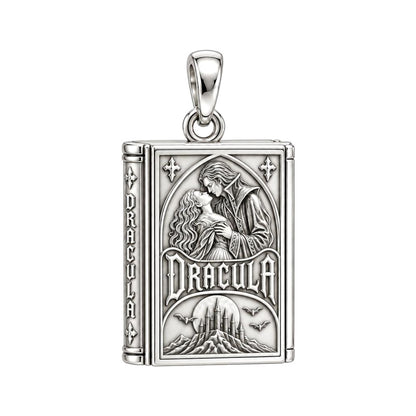 Gothic Dracula Tome Charm and Polyester Cord Bracelet Set – silver plated 3 cm charm, front view