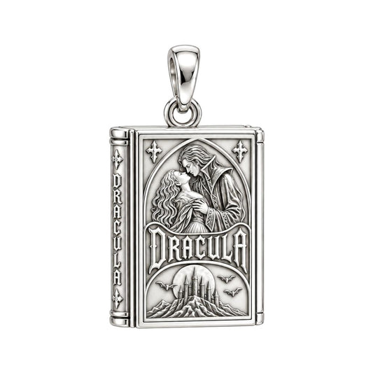 Gothic Dracula Tome Charm and Polyester Cord Bracelet Set – silver plated 3 cm charm, front view