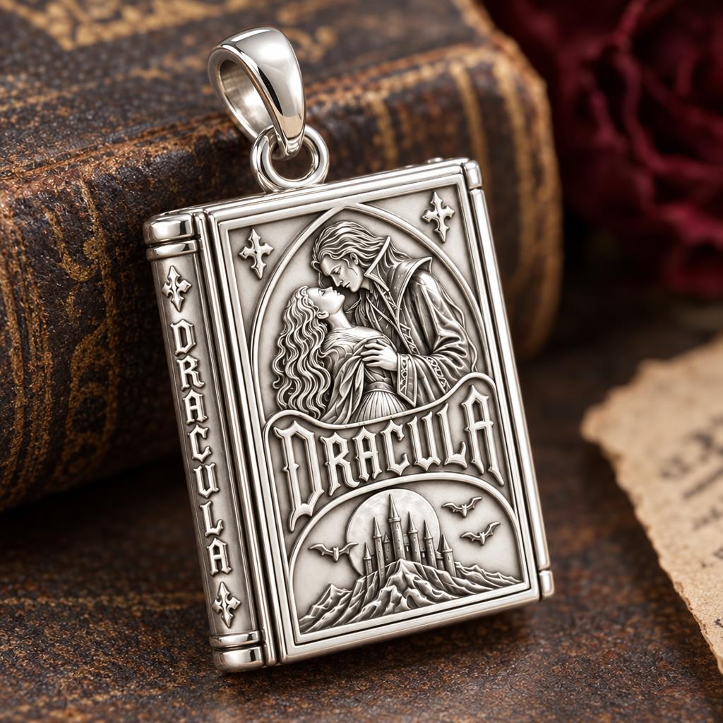 Gothic Dracula Tome Charm and Polyester Cord Bracelet Set – macro detail of the charm