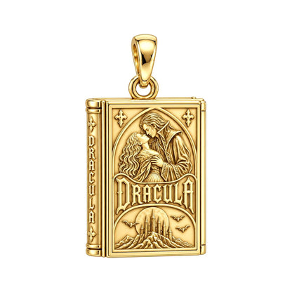 Gothic Dracula Tome Charm and Polyester Cord Bracelet Set – 18K gold plated 3 cm charm, front view