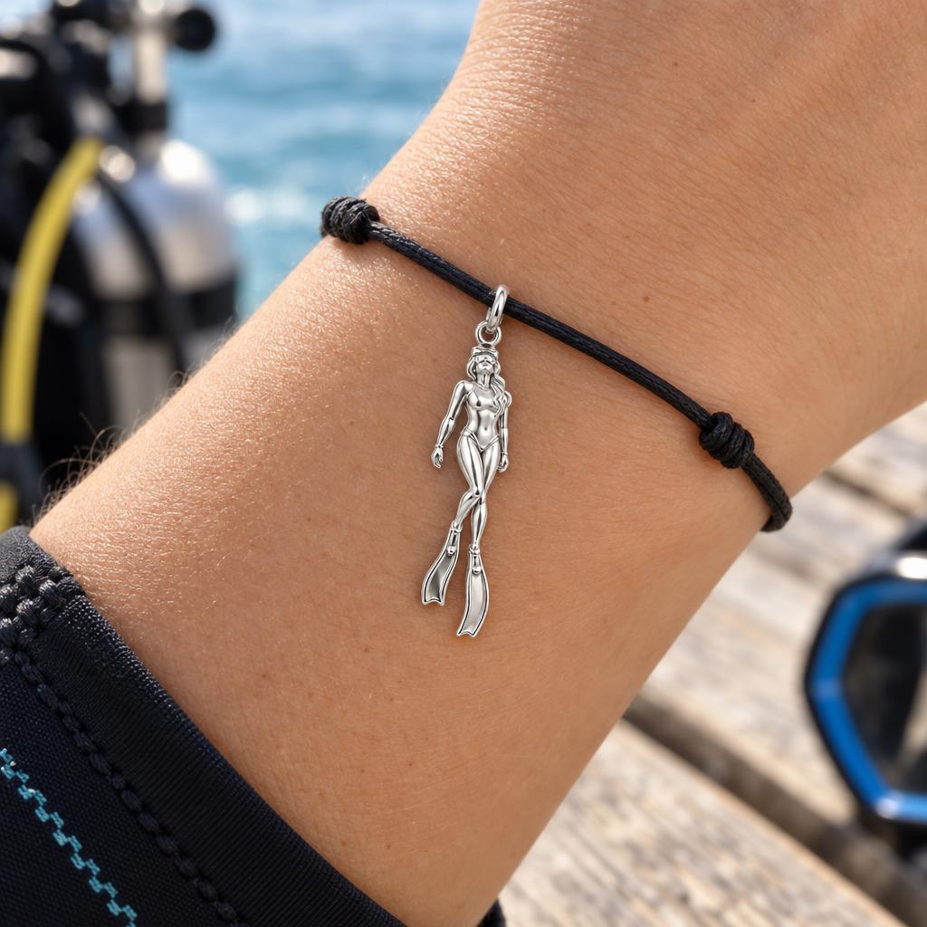 Graceful Deep Sea Diver Charm Bracelet – Personalized Diver Gift – worn on the wrist on a black cord bracelet