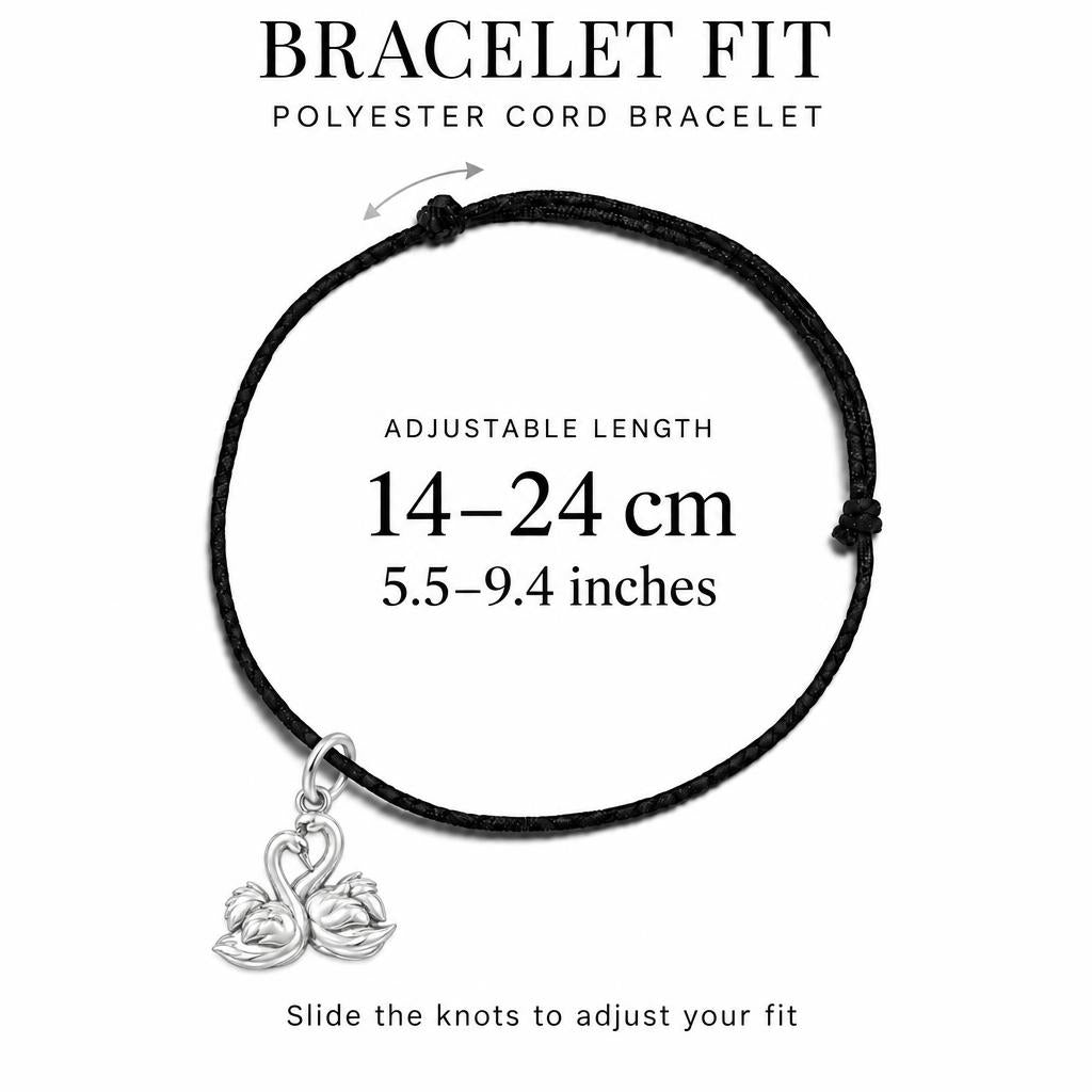 Graceful Swan Pair Charm Bracelet – Personalized Couple Gift – adjustable black cord bracelet, 14–24 cm