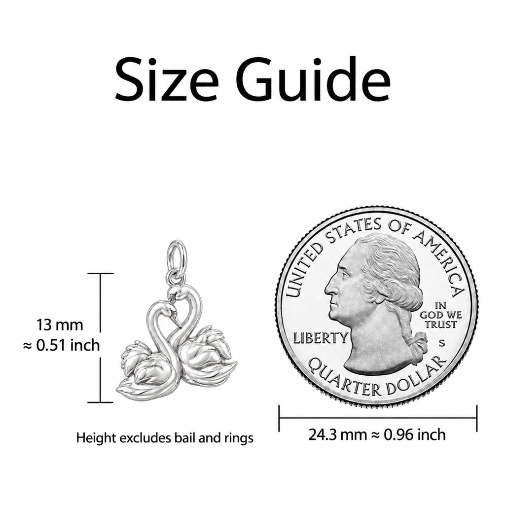 Graceful Swan Pair Charm Bracelet – Personalized Couple Gift – size guide, 13 mm charm next to a quarter