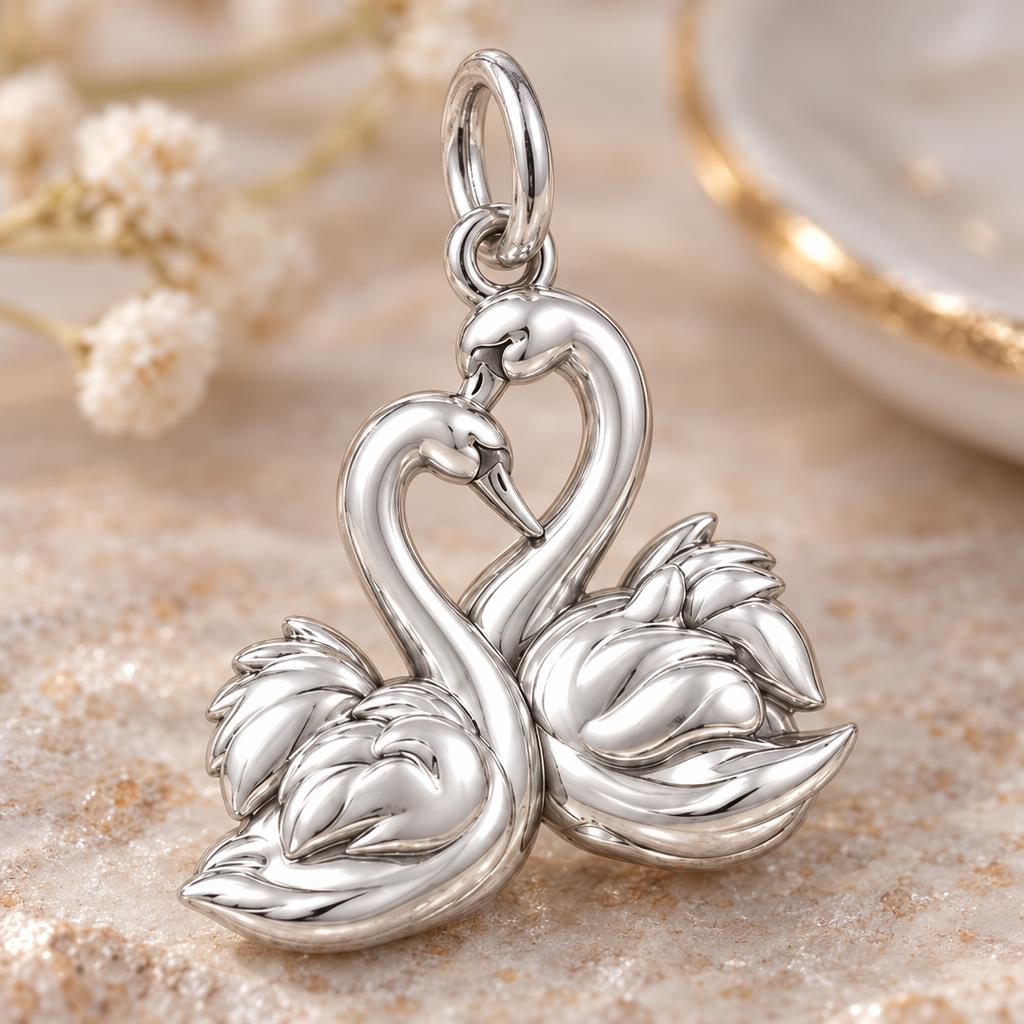 Graceful Swan Pair Charm Bracelet – Personalized Couple Gift – macro detail of the charm