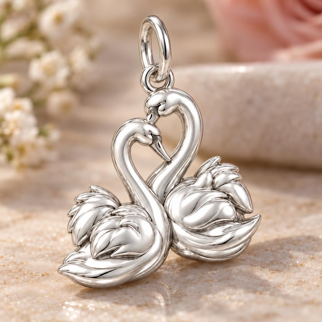 Graceful Swan Pair Charm Bracelet – Personalized Couple Gift – macro detail of the charm