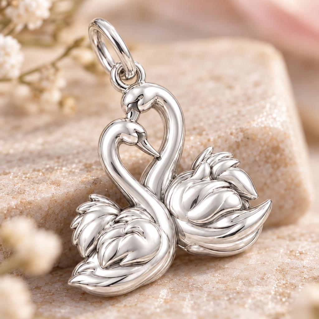 Graceful Swan Pair Charm Bracelet – Personalized Couple Gift – macro detail of the charm