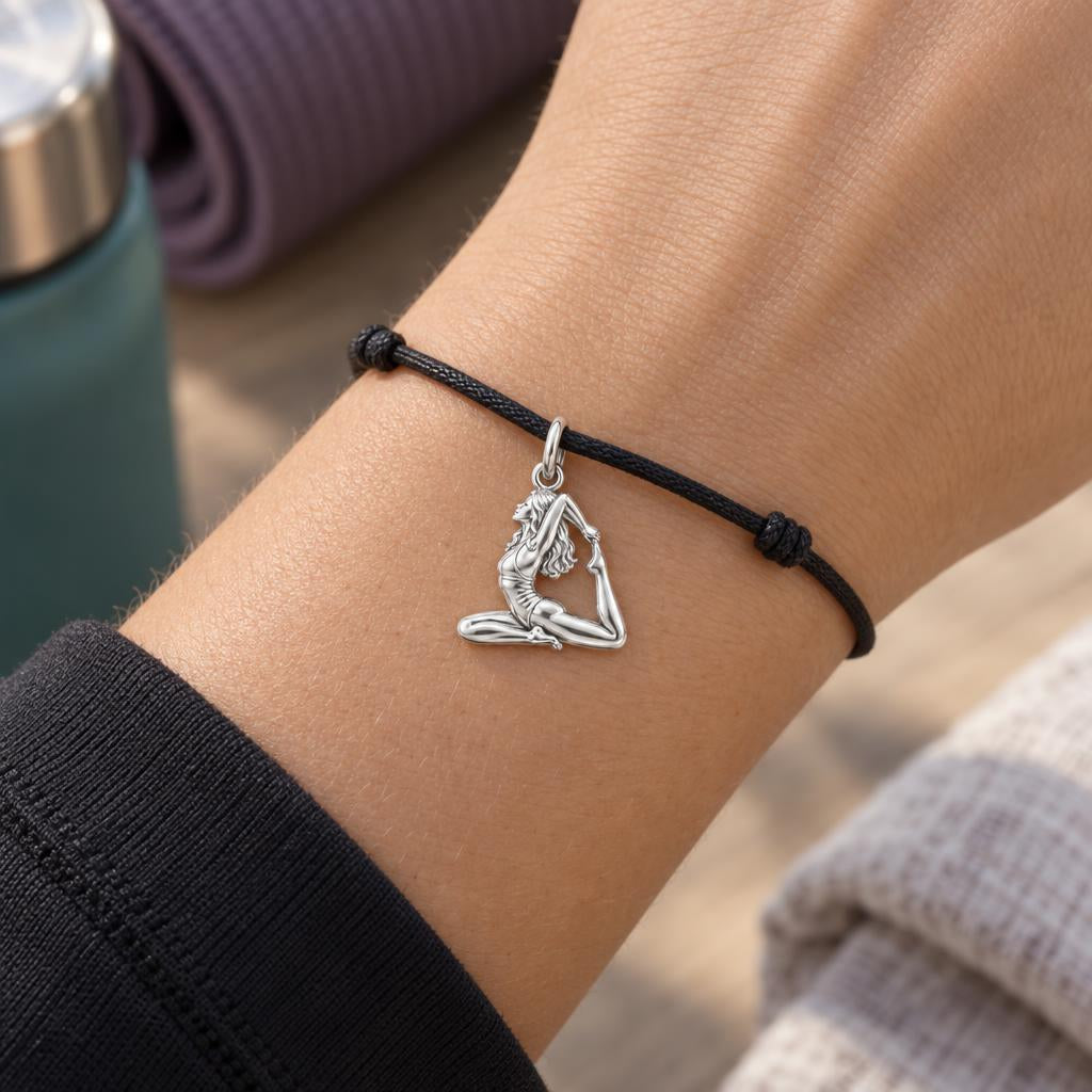 Graceful Yoga Pose Charm Bracelet – Personalized Yogi Gift – worn on the wrist on a black cord bracelet
