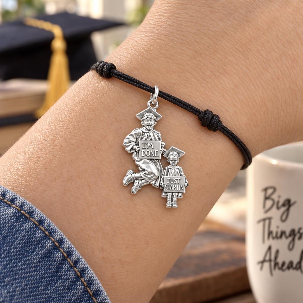 Graduate and Sibling Charm Bracelet – Personalized Mom Gift – worn on the wrist on a black cord bracelet