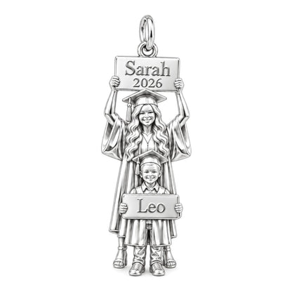 Graduation Path Together Charm Bracelet – Personalized Mom Gift – silver plated 2 cm charm, front view