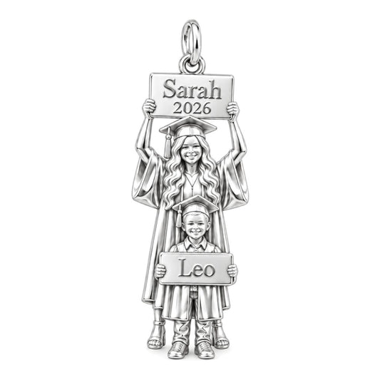 Graduation Path Together Charm Bracelet – Personalized Mom Gift – silver plated 2 cm charm, front view