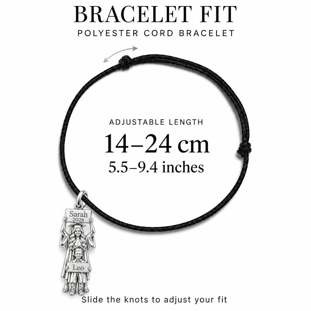 Graduation Path Together Charm Bracelet – Personalized Mom Gift – adjustable black cord bracelet, 14–24 cm