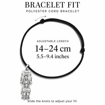 Graduation Path Together Charm Bracelet – Personalized Mom Gift – adjustable black cord bracelet, 14–24 cm