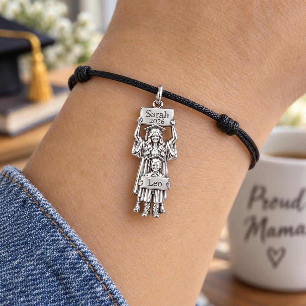 Graduation Path Together Charm Bracelet – Personalized Mom Gift – worn on the wrist on a black cord bracelet