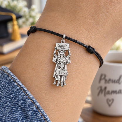 Graduation Path Together Charm Bracelet – Personalized Mom Gift – worn on the wrist on a black cord bracelet
