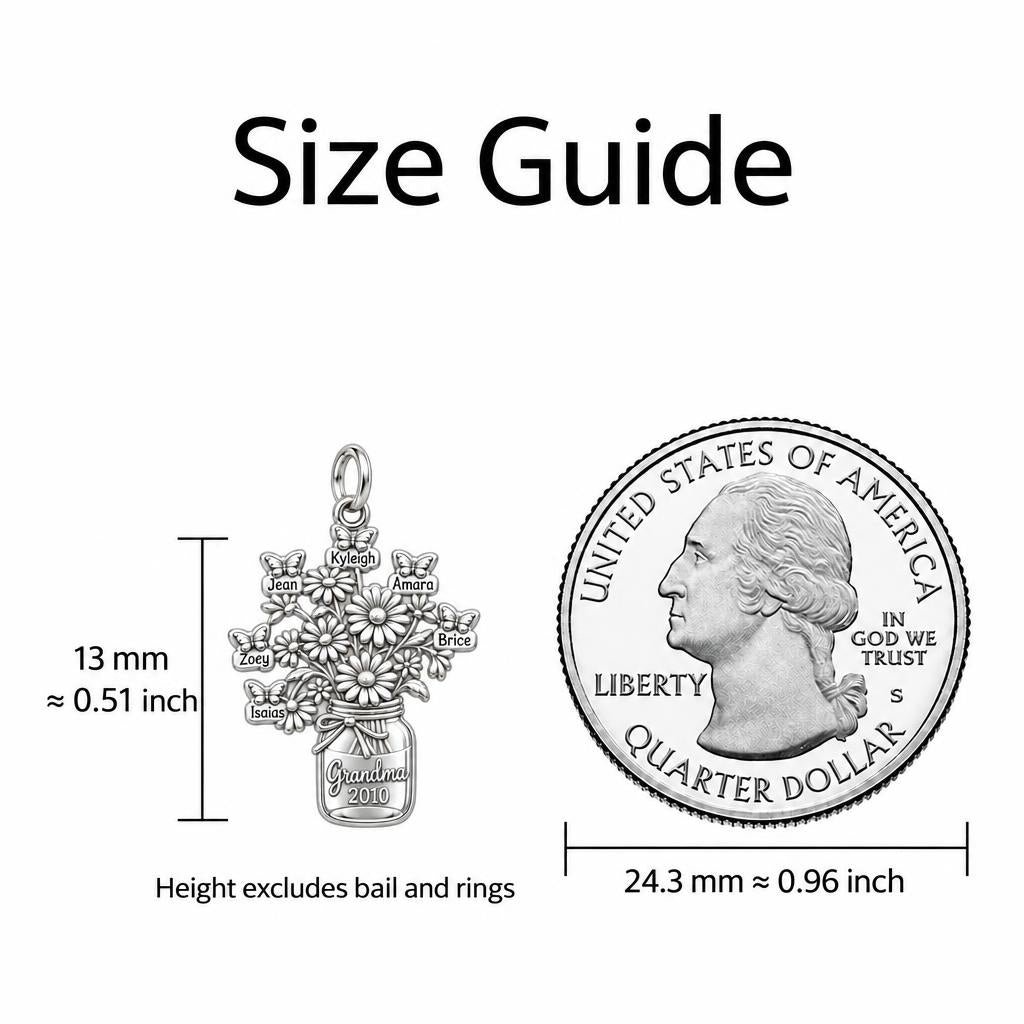 Grandkids Garden Butterfly Jar Charm Bracelet – Personalized Nana Gift – size guide, 13 mm charm next to a quarter