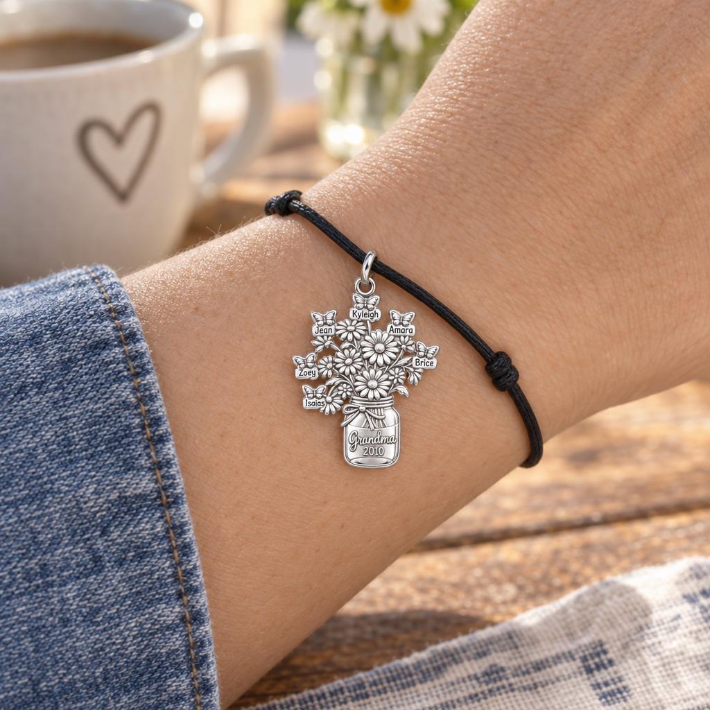 Grandkids Garden Butterfly Jar Charm Bracelet – Personalized Nana Gift – worn on the wrist on a black cord bracelet