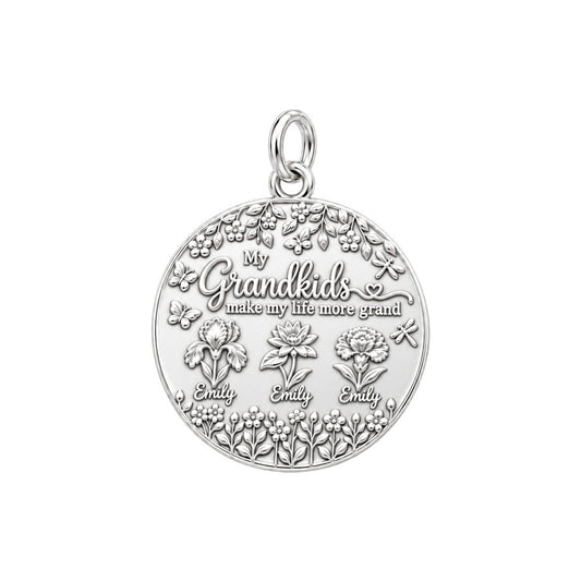 Grandkids Garden Charm Bracelet – Personalized Nana Gift – silver plated 2 cm charm, front view
