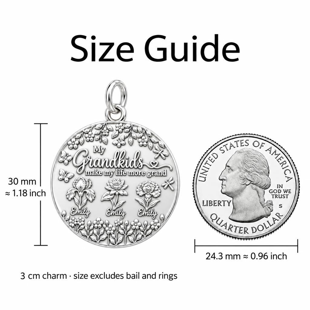 Grandkids Garden Charm Bracelet – Personalized Nana Gift – size guide, 3 cm charm next to a quarter