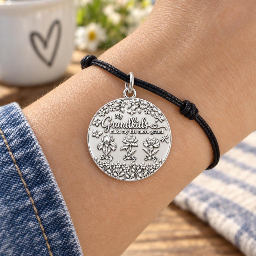 Grandkids Garden Charm Bracelet – Personalized Nana Gift – worn on the wrist on a black cord bracelet