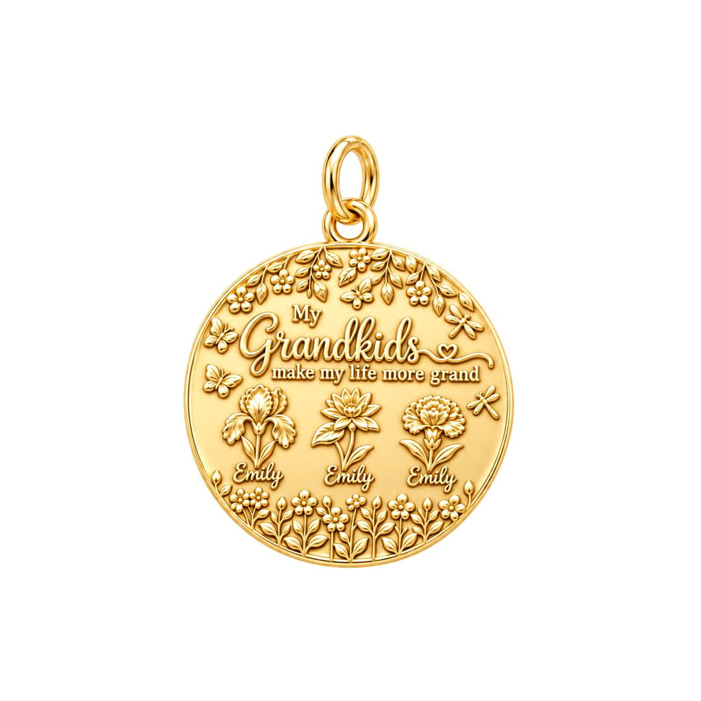 Grandkids Garden Charm Bracelet – Personalized Nana Gift – 18K gold plated 3 cm charm, front view