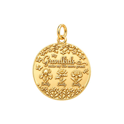 Grandkids Garden Charm Bracelet – Personalized Nana Gift – 18K gold plated 3 cm charm, front view