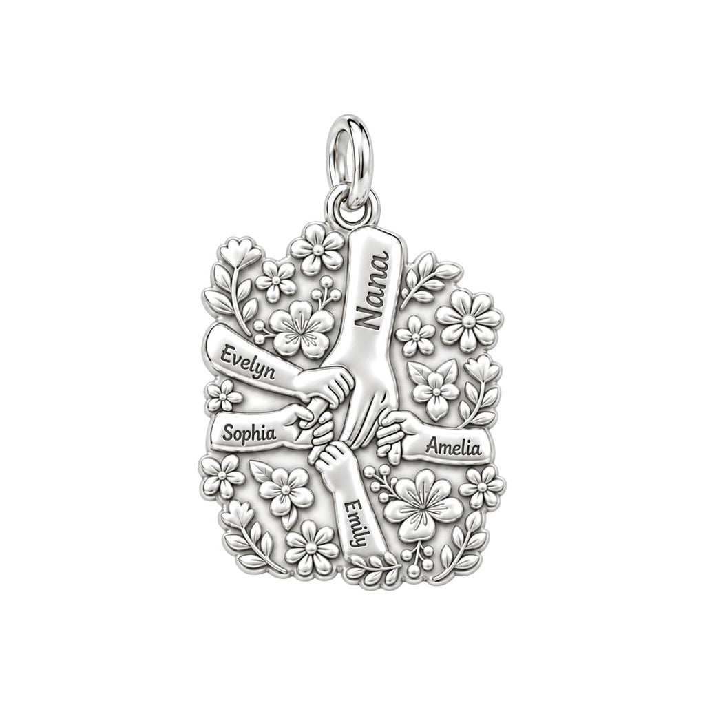 Grandkids Garden Huddle Charm Bracelet – Personalized Nana Gift – silver plated 3 cm charm, front view