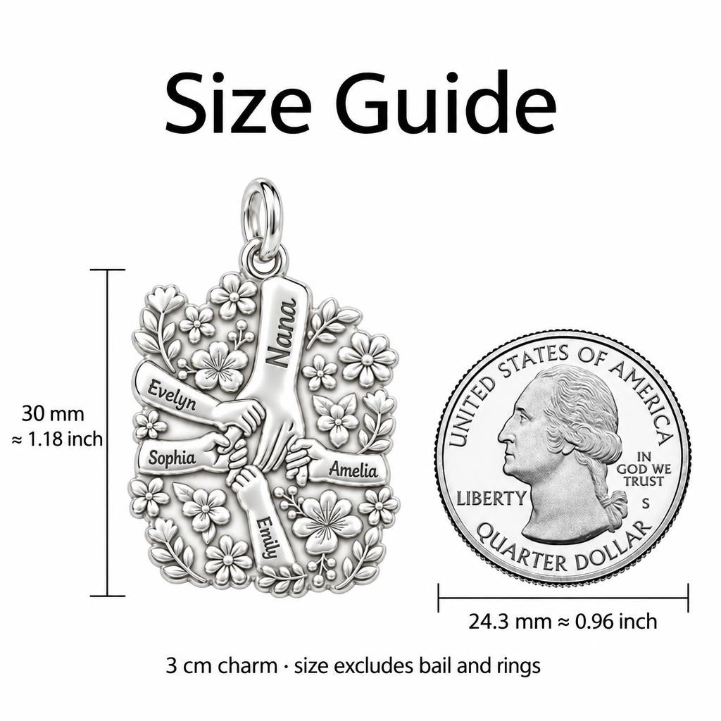 Grandkids Garden Huddle Charm Bracelet – Personalized Nana Gift – size guide, 3 cm charm next to a quarter