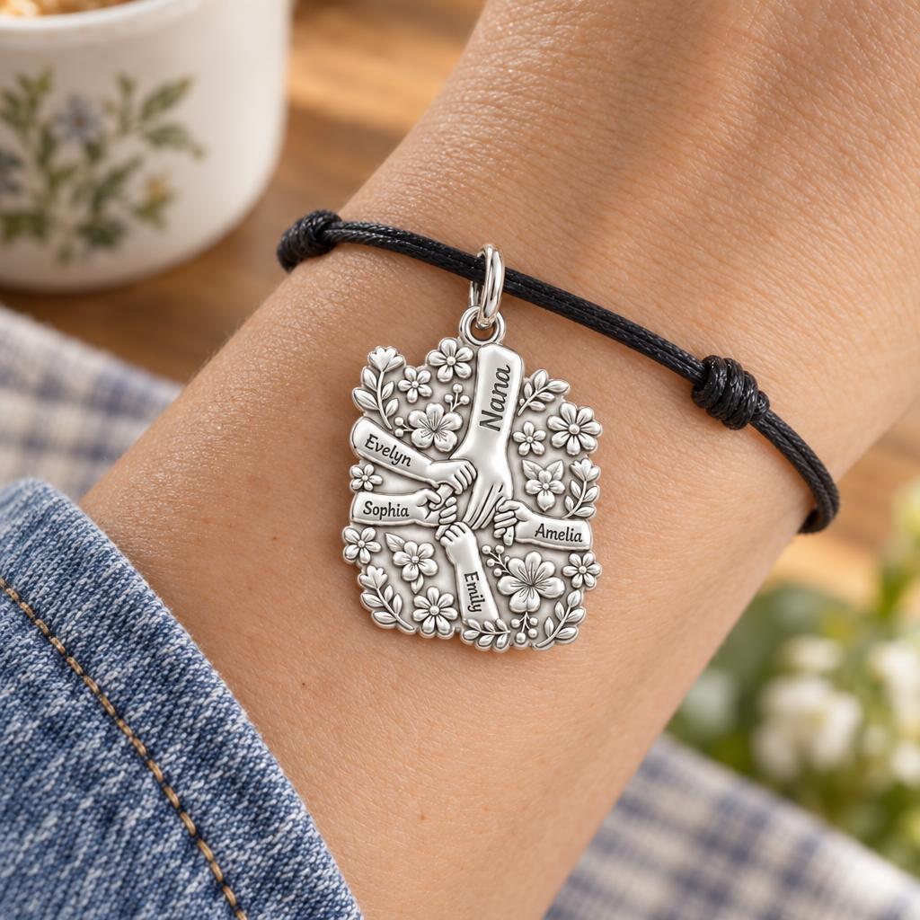Grandkids Garden Huddle Charm Bracelet – Personalized Nana Gift – worn on the wrist on a black cord bracelet