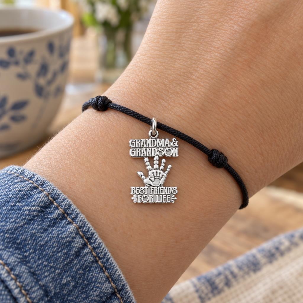 Grandma and Grandson Charm Bracelet – Personalized Nana Gift – worn on the wrist on a black cord bracelet