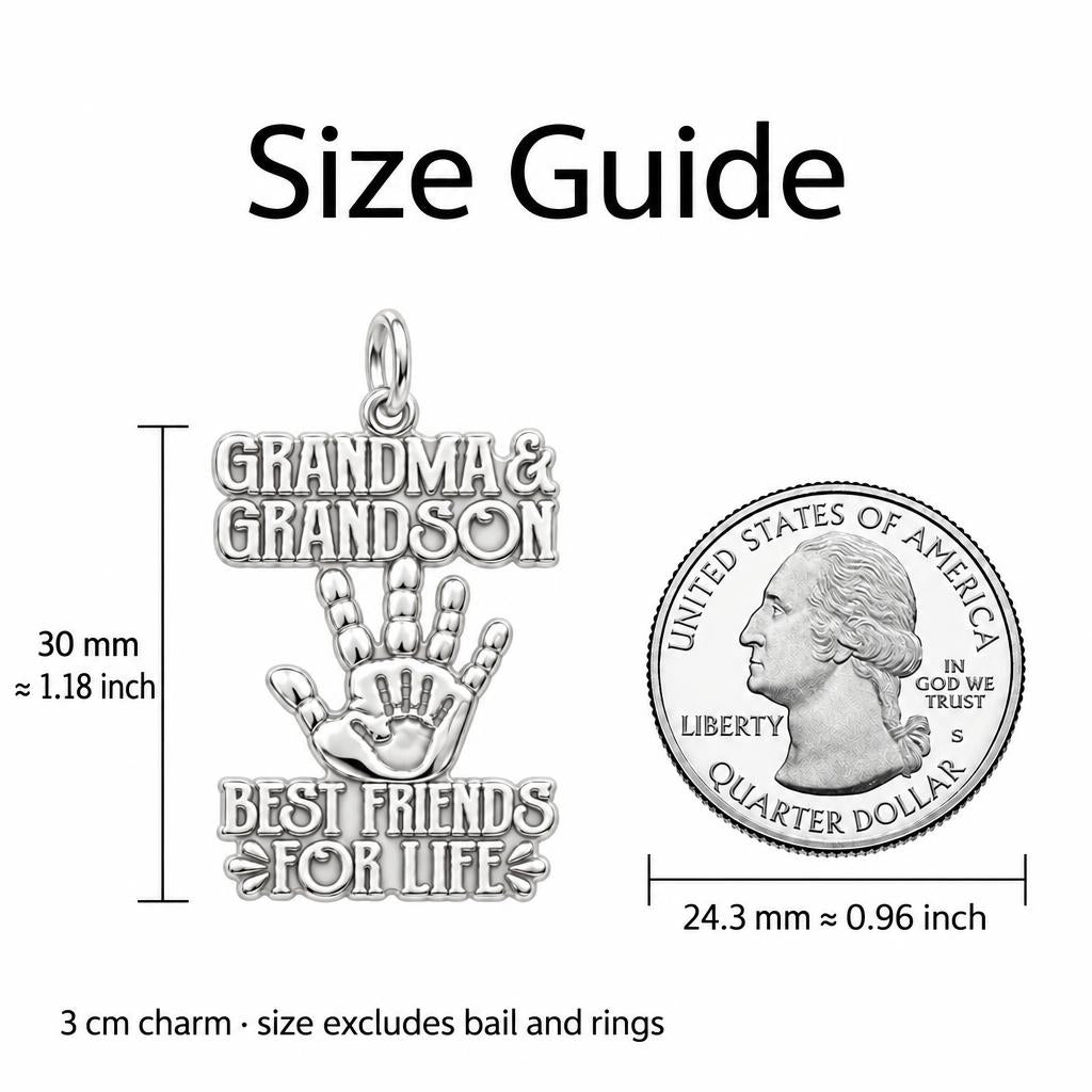 Grandma and Grandson Hand in Hand Charm Bracelet Set – size guide, 13 mm charm next to a quarter