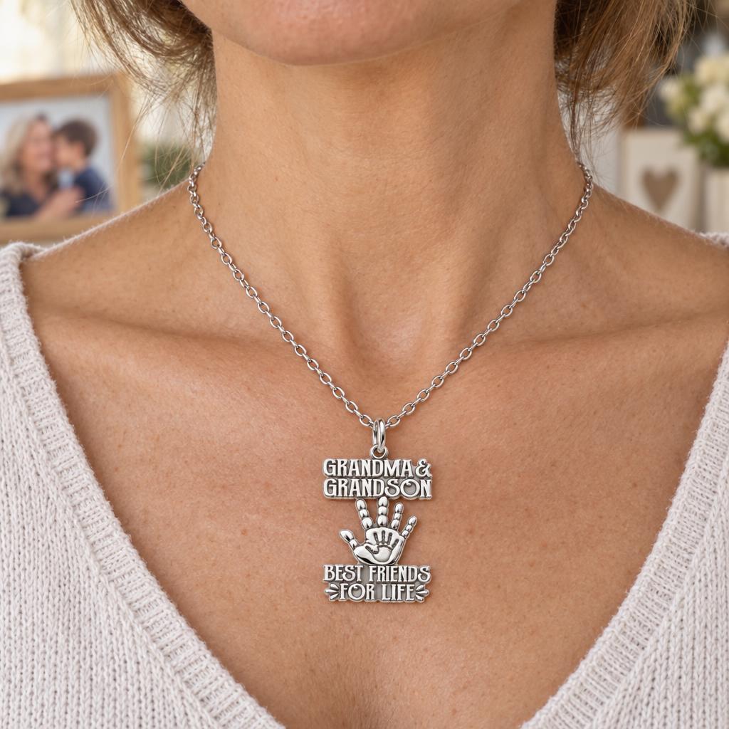 Grandma and Grandson Hand in Hand Charm Necklace Set – worn / in use