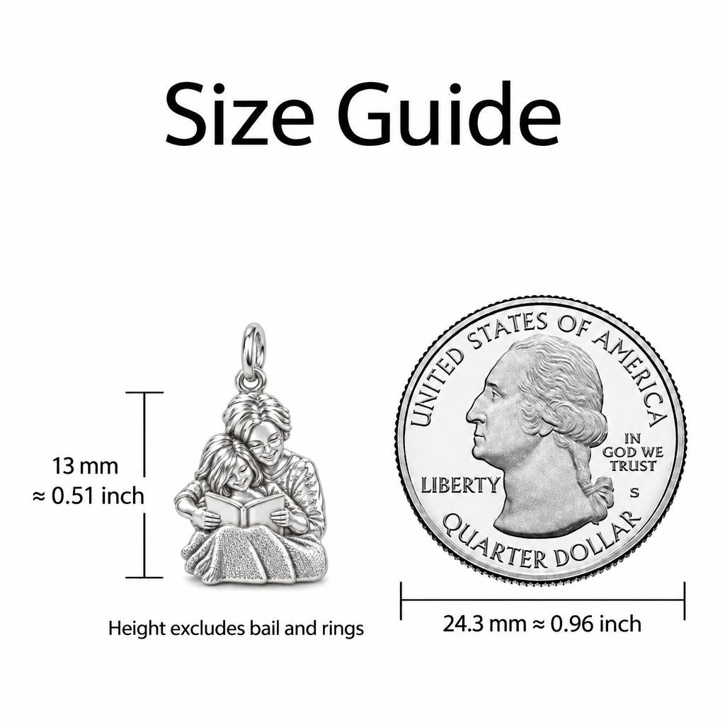 Grandma Reading Together Charm Bracelet – Personalized Nana Gift – size guide, 13 mm charm next to a quarter