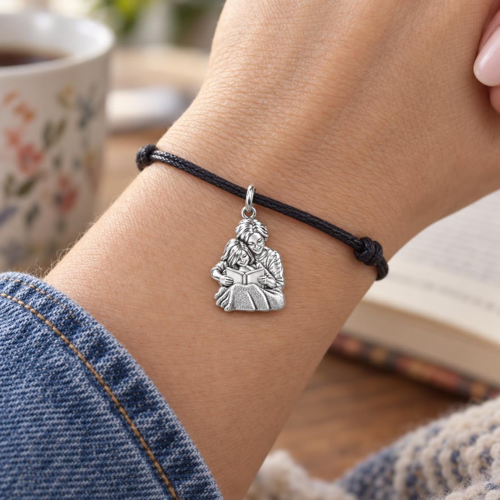 Grandma Reading Together Charm Bracelet – Personalized Nana Gift – worn on the wrist on a black cord bracelet