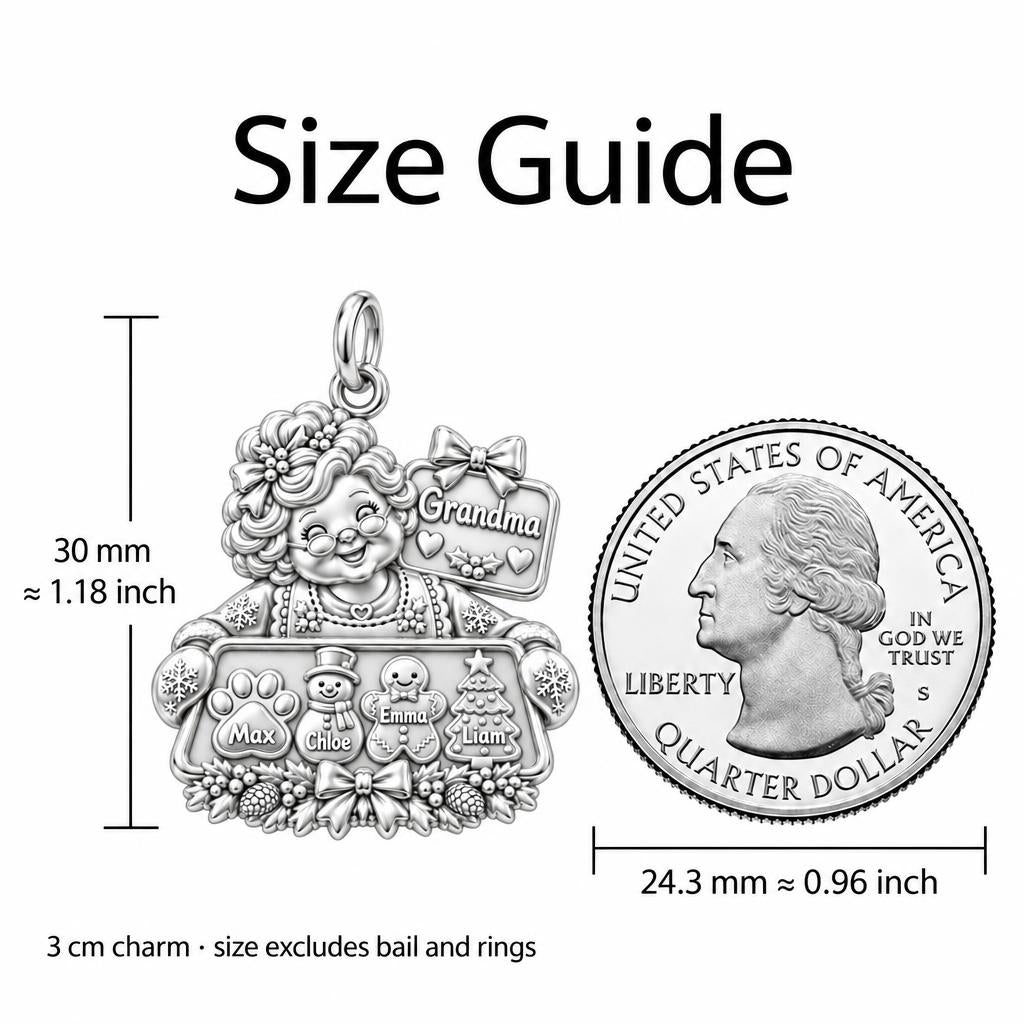 Grandma's Holiday Baking Charm Bracelet – Personalized Grandma Gift – size guide, 3 cm charm next to a quarter