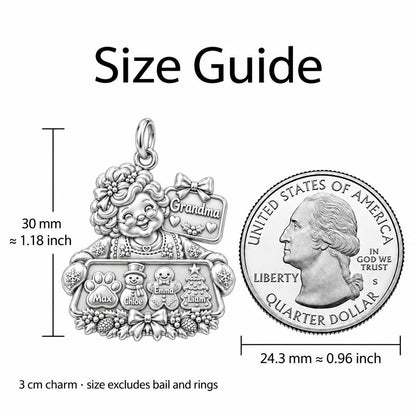 Grandma's Holiday Baking Charm Bracelet – Personalized Grandma Gift – size guide, 3 cm charm next to a quarter