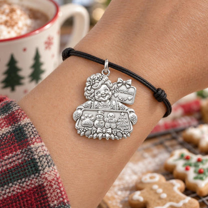 Grandma's Holiday Baking Charm Bracelet – Personalized Grandma Gift – worn on the wrist on a black cord bracelet