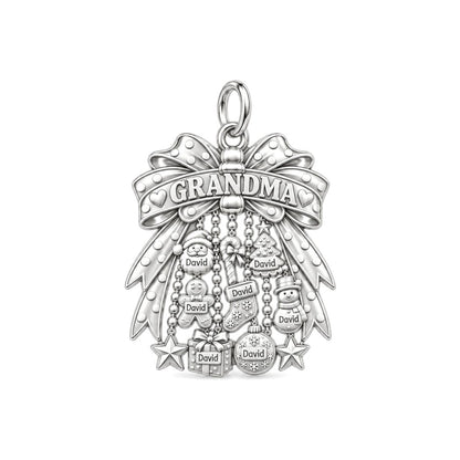 Grandma's Holiday Bow Charm Bracelet – Personalized Nana Gift – silver plated 2 cm charm, front view