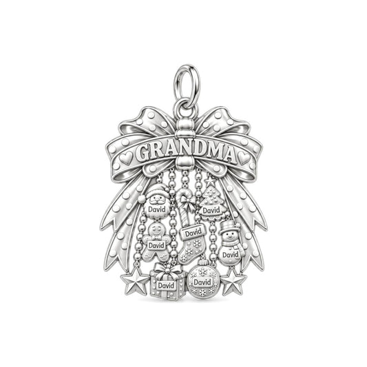 Grandma's Holiday Bow Charm Bracelet – Personalized Nana Gift – silver plated 2 cm charm, front view