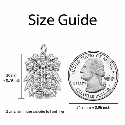 Grandma's Holiday Bow Charm Bracelet – Personalized Nana Gift – size guide, 2 cm charm next to a quarter