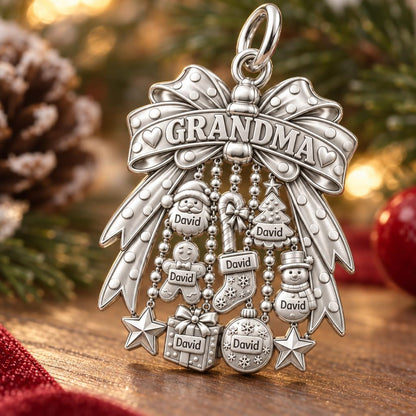 Grandma's Holiday Bow Charm Bracelet – Personalized Nana Gift – macro detail of the charm
