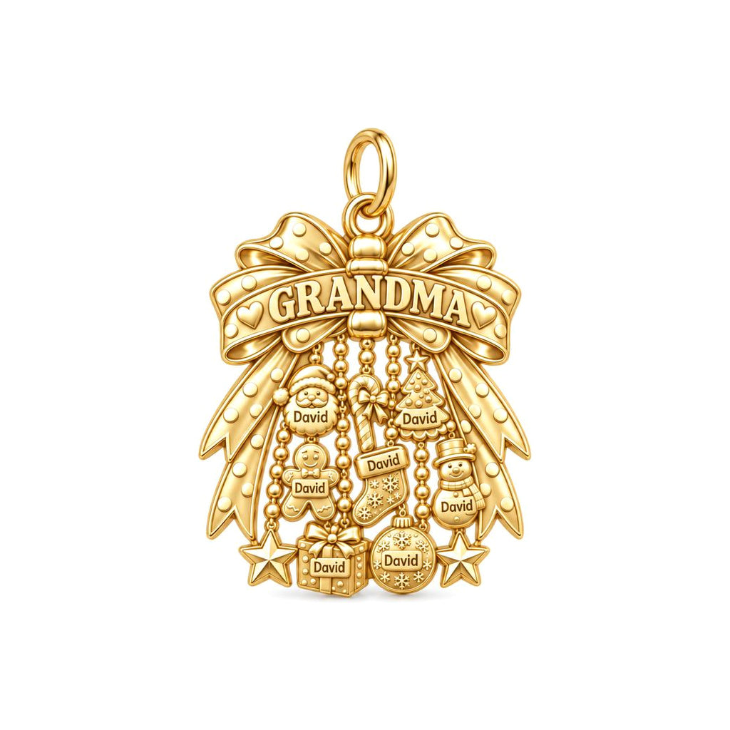 Grandma's Holiday Bow Charm Bracelet – Personalized Nana Gift – 18K gold plated 2 cm charm, front view