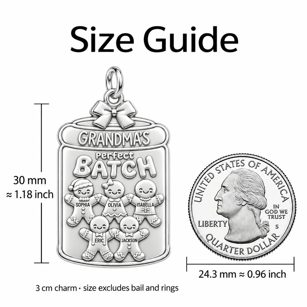 Grandma's Perfect Batch Charm Bracelet – Personalized Grandma Gift – size guide, 3 cm charm next to a quarter