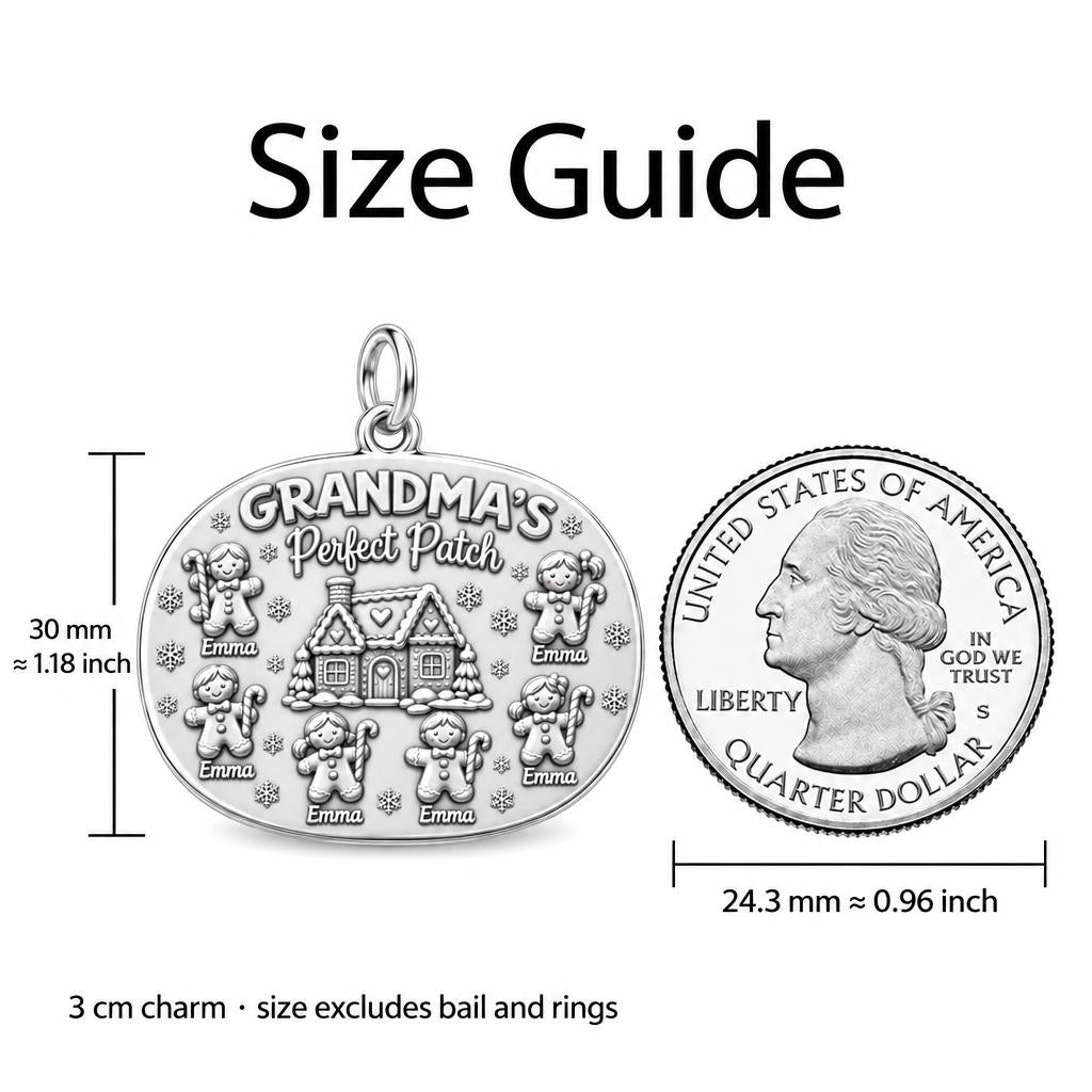 Grandma's Perfect Patch Charm Bracelet – Personalized Grandma Gift – size guide, 3 cm charm next to a quarter
