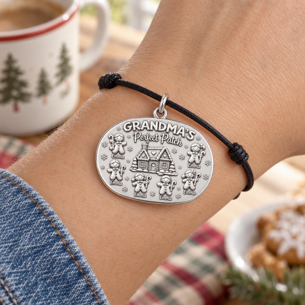 Grandma's Perfect Patch Charm Bracelet – Personalized Grandma Gift – worn on the wrist on a black cord bracelet