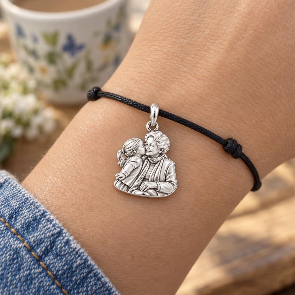Grandma's Precious Moments Charm Bracelet – Custom Photo Gift – worn on the wrist on a black cord bracelet