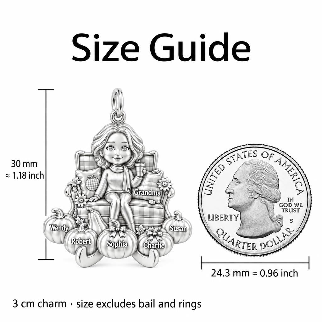 Grandma's Pumpkin Patch Charm Bracelet – Personalized Grandma Gift – size guide, 3 cm charm next to a quarter