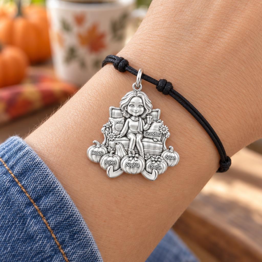 Grandma's Pumpkin Patch Charm Bracelet – Personalized Grandma Gift – worn on the wrist on a black cord bracelet