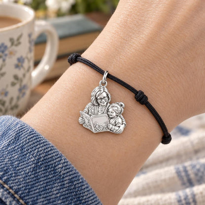 Grandma's Story Time Charm Bracelet – Personalized Nana Gift – worn on the wrist on a black cord bracelet